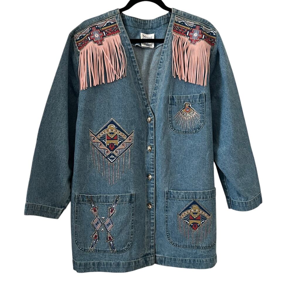 Vintage Aztec Hand Painted Fringe Denim Button Front Longline Blazer